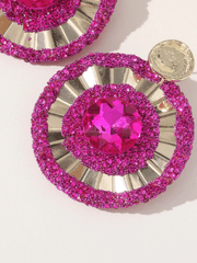 Fuchsia Flower Rhinestones Round Earrings