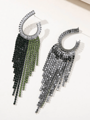 Green Statement Rhinestones Tassel Long Earrings
