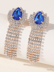 Green Teardrop Rhinestones Tassel Long Earrings