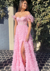 A Line Sweetheart Tiered Tulle Long Prom Dress With Slit