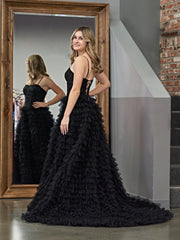Black A-Line Tiered Sequins Tulle Long Prom Dress