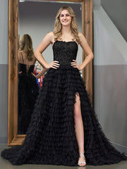 Black A-Line Tiered Sequins Tulle Long Prom Dress