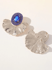 Royal Blue Rhinestones Leaf Floral Oval Earrings