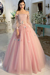Long Sleeve Pearl Pink Off The Shoulder Quinceanera Dress with Hand-made Flower