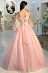 Long Sleeve Pearl Pink Off The Shoulder Quinceanera Dress with Hand-made Flower