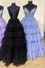 Black Beaded Spaghetti Strap Ruffle Tiered Ball Gown
