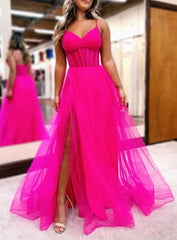 Fuchsia V-Neck Sheer Bodice A-Line Long Prom Dress with Slit
