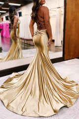 Gold V-Neck Lace-Up Trumpet Long Formal Dress