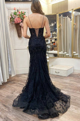 Black Appliques Plunge V Lace-Up Trumpet Prom Gown
