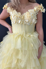 3D Floral Lace Off-the-Shoulder Ruffle Tiered Prom Gown