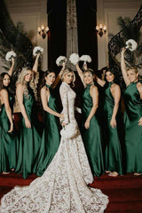 Halter Satin Pleated Mermaid Sleeveless Long Bridesmaid Dress