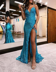 Mermaid V Neck Sequins Prom Dress with Slit