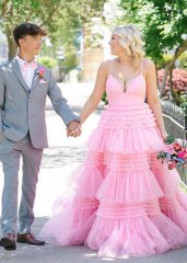 A-Line Spaghetti Straps Long Tiered Tulle Prom Dress With Split