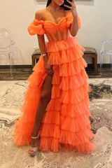 A-line Off-the-Shoulder Tulle Prom Dress with Slit