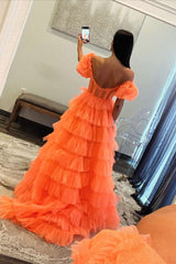 A-line Off-the-Shoulder Tulle Prom Dress with Slit