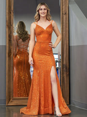 Sparkly Mermaid V Neck Sequins Long Prom Dresses with Slit