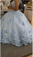 Sky Blue 3D Appliques Off The Shoulder Ball Gown Quinceanera Dresses