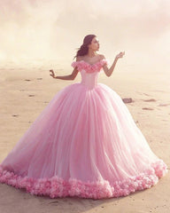 Off The Shoulder Flowers Tulle Ball Gown Pink Quinceanera Dresses
