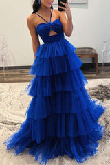 Blue Print Halter Keyhole Ruffle Tiered Long Prom Dress