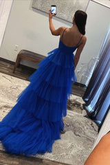 Blue Print Halter Keyhole Ruffle Tiered Long Prom Dress