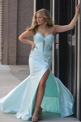 Sweetheart Mermaid Royal Blue Satin Long Prom Dresses with Slit