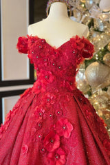 Ball Gown V Neck Beads Appliques Red Off-the-Shoulder Long Quinceanera Dresses