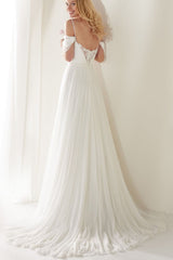 A-Line Spaghetti Straps Off-the-Shoulder Sweep Train Wedding Dress