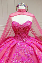 Ball Gown Sweetheart Pink Lace Appliques Tulle Long Quinceanera Dresses
