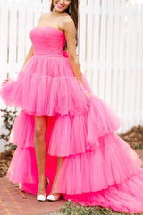 A-line High Low Strapless Tulle Prom Dress with Ruffles