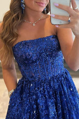 A-line Sequined Lace Long Prom Dress with Pockets