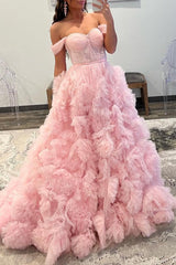A Line Off the Shoulder Ruffled Tulle Prom Dress with Slit