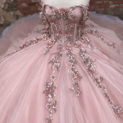 Pink Tulle Appliques Off The Shoulder Quinceanera Dresses