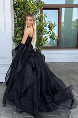 A Line Sweetheart Black Long Prom Dress with Beading