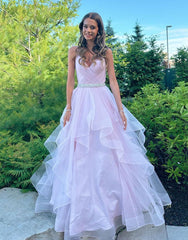 A-Line V-Neck Ruffled Tulle Prom Dress With Belt