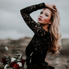 A-Line Black Lace Appliqued Wedding Dress With Train