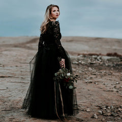 A-Line Black Lace Appliqued Wedding Dress With Train