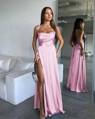 A Line Cowl Neck Blue Silk Satin Bridesmaid Dresses with Slit