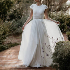A-Line Exquisite Lace Appliqued Cap Sleeves Wedding Dress