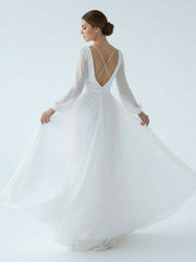 A-Line Illusion Neck Long Sleeves Sweep Train Organza Wedding Dresses