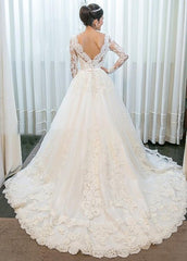 A-line Lace Long Sleeves Wedding Dress Chapel Train