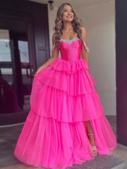 A Line Off the Shoulder Hot Pink Tulle Long Prom Dresses with Beading