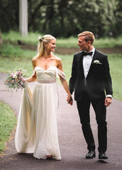 A Line Simple Chiffon Wedding Dresses Pleated Boho Bridal Dress