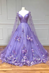 Lavender 3D Floral Lace A-Line Prom Dress with Cape Sleeves