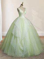 A-Line V Neck Tulle Sage Green Long Prom Quinceanera Dresses