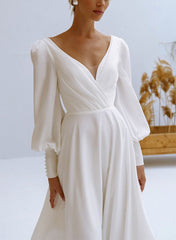 A-Line V-Neck Long Sleeves Chiffon Wedding Dresses With Beading