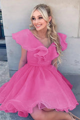 A Line V Neck Organza Ruffles Homecoming Dress