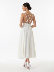 A-Line V-Neck Sleeveless Satin Knee-Length Wedding Dress