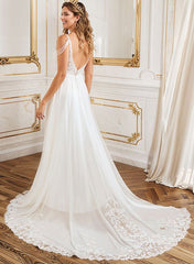 A-Line V-Neck Sweep Train Wedding Dress With Lace Split Front