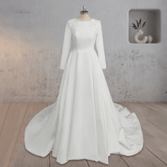 A Line White Long Sleeves Appliqued Wedding Dresses with Train