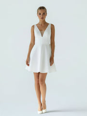 A-Line White Satin V-Neck Short Wedding Dress with Bow